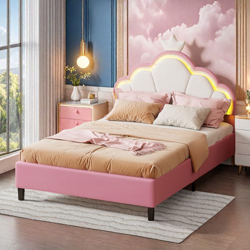 Cama infantil acolchada de 140 x 200 cm, cama niña princesa avc cabecera ajustable en forma de corona e iluminación LED, camas para niños y niñas con somier de láminas, terciopelo, rosa, sin colchón