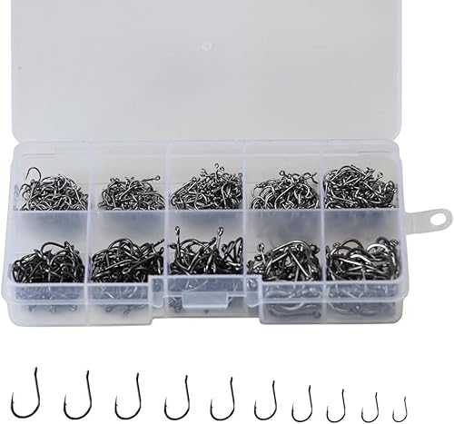 Miniatura 10 de 300pcs pequeños ganchos de pesca negro alto carbono pesca ganchos conjunto 6 tamaños con una caja de plástico