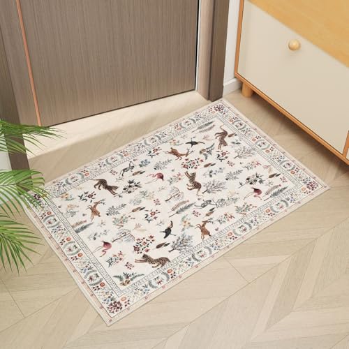 Door Mat Indoor Entrance 2x3 Rug Machine Washable Boho Floral Animal Small Area Rug Non-Slip Low Pile Throw Rugs for Entryway, Kitchen, Front Door Indoor Entrance, Entry, Kids Room (Beige)