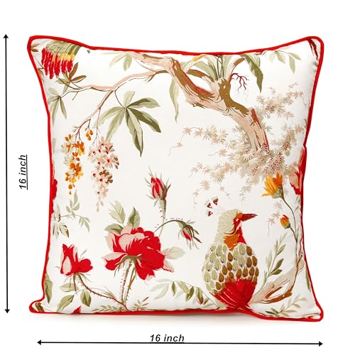 Image of Cotton Cushion Covers 16x16 Inch - Hand Block Floral Print Pillow Covers for Sofa, Couch & Bedroom (Pack of 5) (Red & White)