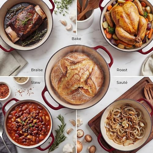 Image of Zulay Kitchen 6.4QT Enameled Cast Iron Dutch Oven Pot with Lid, Heavy-Duty Soup Pot for Stews, Braising, Roasting & Sourdough Bread Baking, Oven Safe up to 500F - Garnet