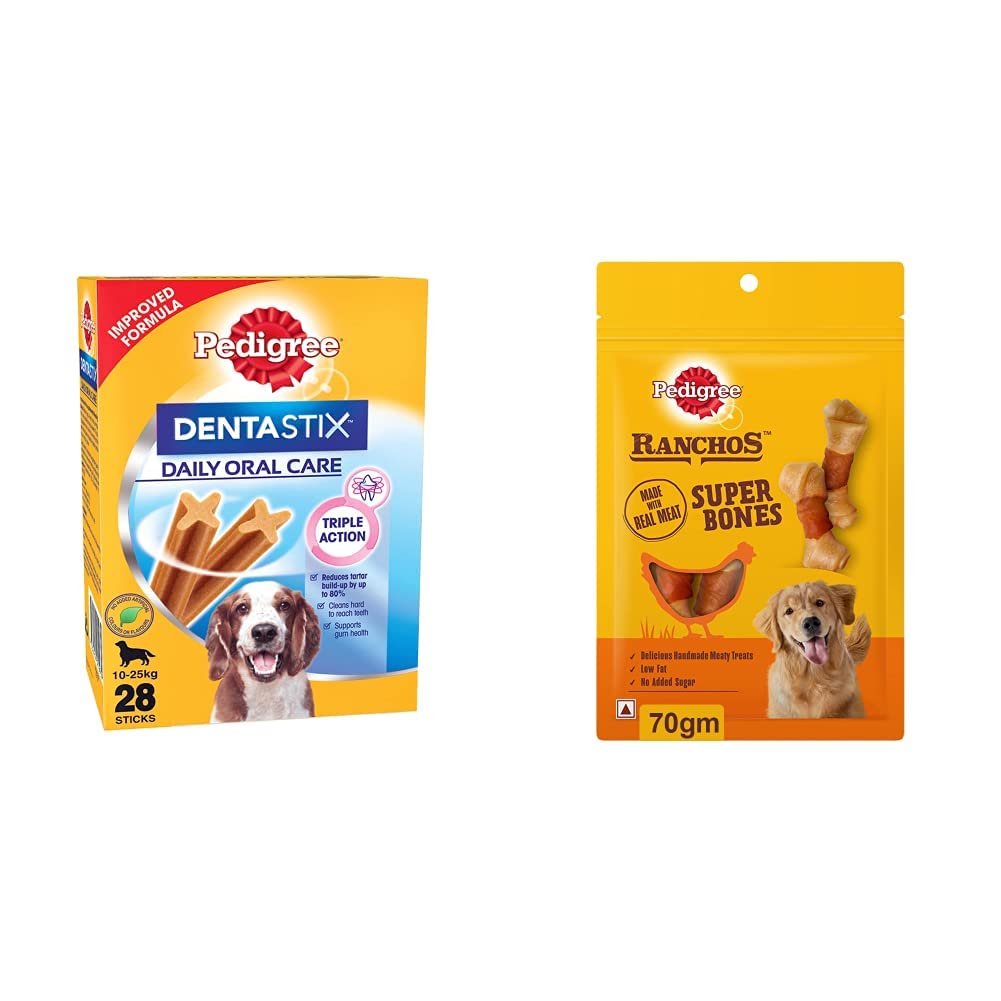 Pedigree Dentastix Medium Breed (10-25 kg) Oral Care Dog Treat, 720g Monthly Pack (28 Chew Sticks) & Pedigree RANCHOS Super Bones Chicken & Milky Flavour, 70 g (B0B8ZN8BD8) Amazon Price History, Amazon Price Tracker
