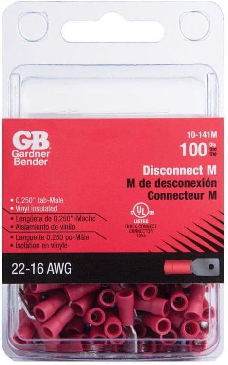 Gardner Bender 10-141M Disconnect Male, Vinyl-Insulated Barrel, 22-16 AWG, 1/4 in. Tab, Red