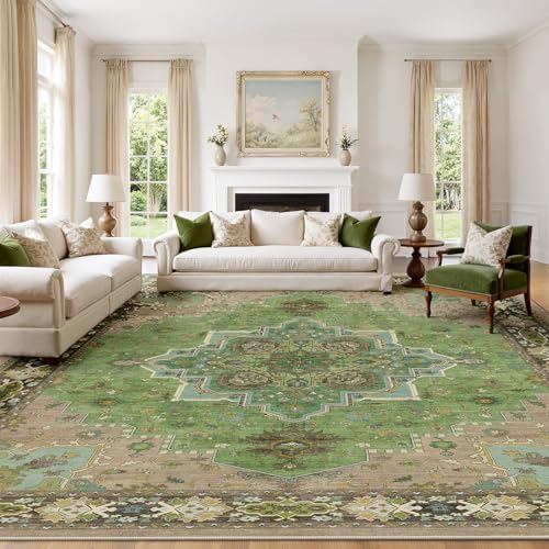 AMADA HOMEFURNISHING 8x10 Area Rug for Living Room, Vintage Washable Area Rug Low-Pile & Non-Slip Carpet for Bedroom Dining Room Nursery Home Office, Green