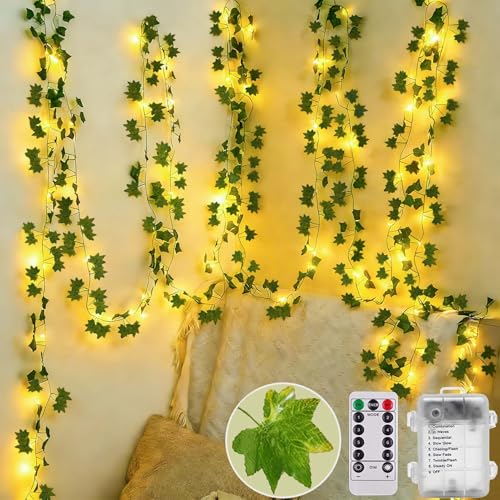 Joycome Efeu Lichterkette, 10M 100 LED Fake Efeu mit Batterie & Fernbedienung, 8 Modi Blätter Girlande mit Timer, Wasserdicht Lichterkette Blätter für Garten Balkon Schlafzimmer Wand Table Zimmer Deko