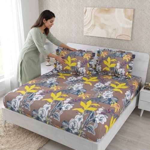 Image of Dream Weaverz- Polycotton Printed Double Bed Size Fitted Elastic Bedsheet,2 Pillow Cover,260 Thread (72 inch x 78 inchx7 inch) Home, Bedroom (Brown-Yellow, King)