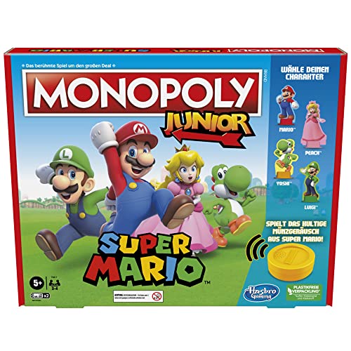 Hasbro Monopoly Junior Super Mario Edition gra planszowa, od 5 lat, gra w Królestwie grzybów jako Mario, Peach, Yoshi lub Luigi