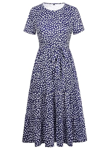 Image of Lyrur Women's Dresses Casual Summer Tiered Midi Dress Short Sleeve Belted Ruffle Babydoll Boho Sundress with Pockets