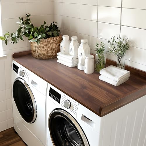 Kaboon Washer Dryer Countertop, Melamine Countertop with Edge Rails - 27.5" Depth x 54" Width Laundry Room Organization, Dark Walnut