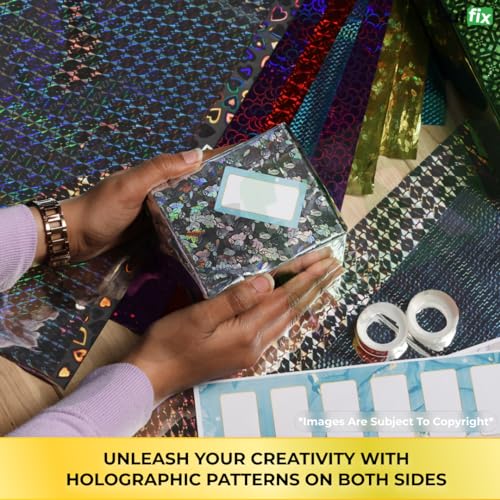 Image of Suffix Retail - 25 PCS Gift Wrapping Sheets - Holographic Patterns - 40 Nametag Stickers, 30 Ribbons For Gift Packing & 2 Clear Tape | Gift Wrap Sheets - 45CM x 65CM (25)