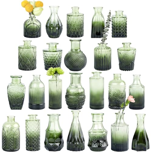 Glass Bud Vase Set of 24, Small Green Flower Vases for Centerpiec...