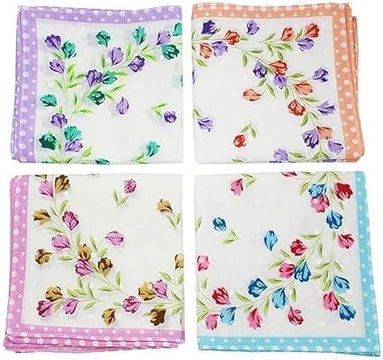 Women’s 100% Cotton Floral Print Handkerchiefs – Multicoloured Ladies Hankies, Soft & Reusable (Orange)