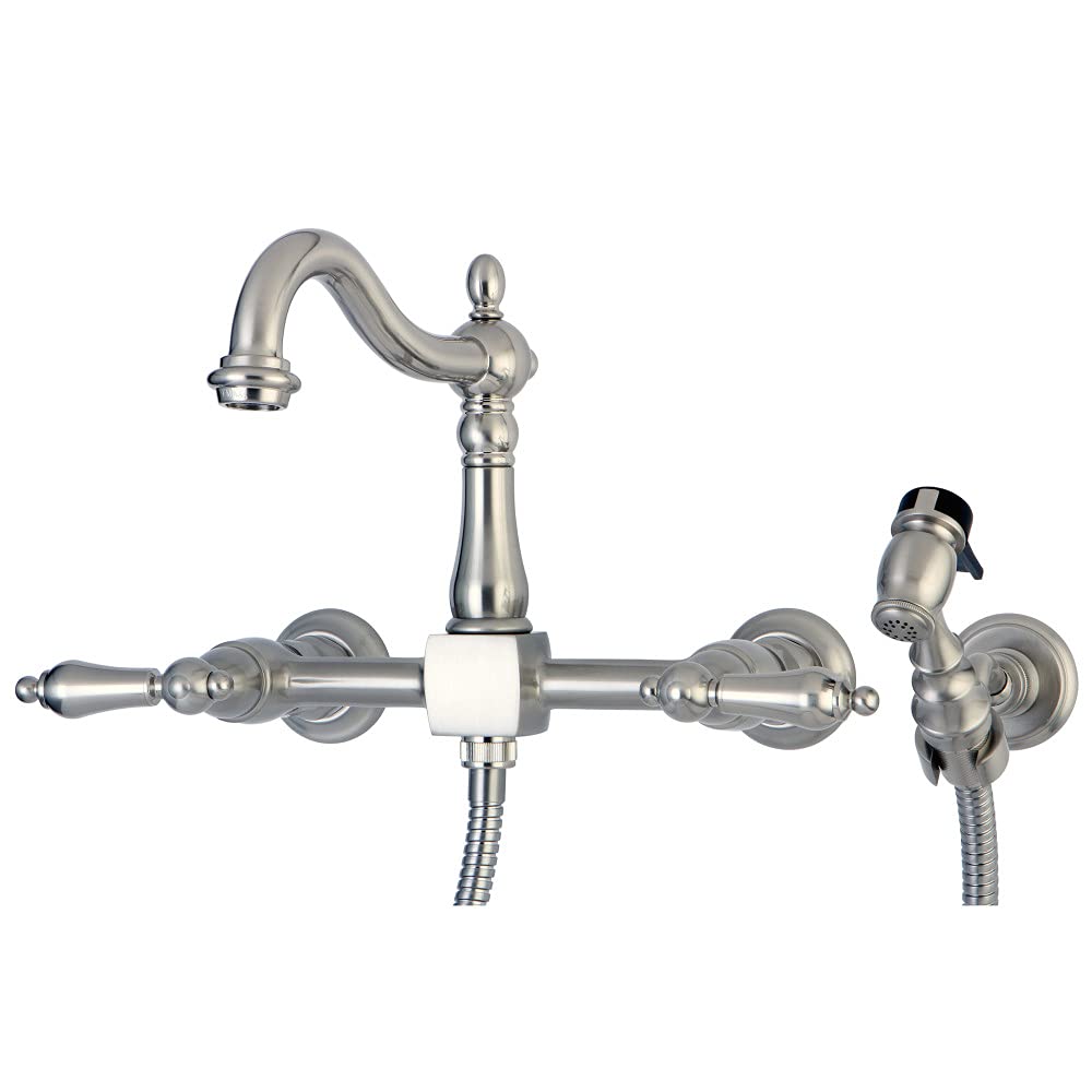 Kingston Brass KS1268ALBS Heritage Duvara Monte Mutfak Musluğu, Pirinç Püskürtücü, Fırçalanmış Nikel
