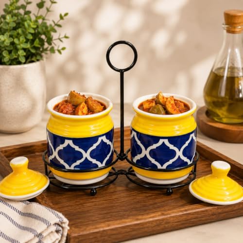 Image of Niyara Multipurpose Storage Ceramic Pickle set Jars & with Lid & tray (Set of 2, 300 ML) (YELLOW MORROCCAN)