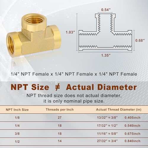 Image of 5pcs 1 /4 inch NPT Female Pipe to 1 /4 inch NPT Female Pipe to 1 /4 inch NPT Female Metals Brass Barstock Street Tee Pipe Hose Fitting
