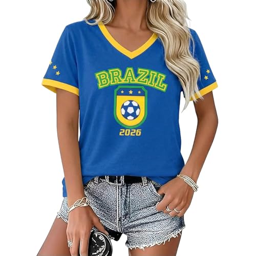Camiseta de fútbol de Brasil para mujer, corte ajustado, cómoda camiseta de manga corta, cuello en V, camiseta deportiva ligera y ventilada, disfraz de animadora, artículo para fans, camiseta de calle
