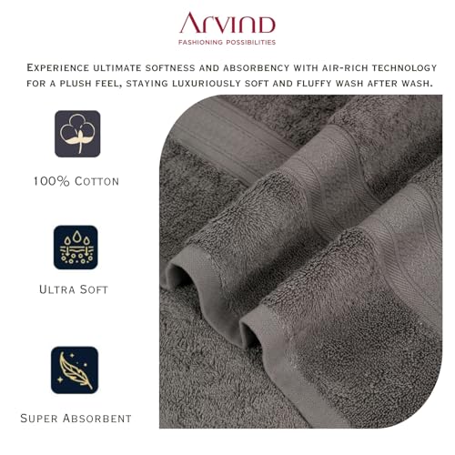 Image of Arvind 100% Cotton Towels for Bath | Towels for Bath Large Size | 500 GSM Bath Towel - Soft & Absorbent | 4 Piece Bath Towel for Men /Women | Urban Comfort | 70 cm x 140 cm - Dark Grey