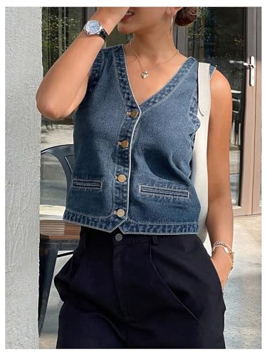 WDIRARA Women's Denim Vest Sleeveless Button Down V Neck Jean Waistcoat Crop Top4