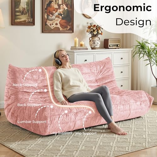 Image of HABUTWAY Giant Bean Bag Chairs Lazy Sofa for Adults,3 Seater,Pink | 3 Seater Fireside Chair, Memory Foam Lazy Large Floor Bean Bag Sofa for Living Room, Bedroom, Dorm, Office