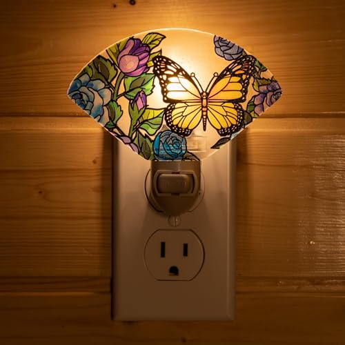 Image of Stained Glass Styled Butterfly Night Light - Yellow Butterfly with Blue Roses Design, Made with Real Glass, Plug-in Decorative Light for Bedroom, Hallway & Home Decor