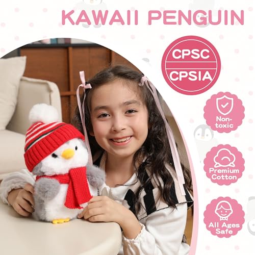 Image of Penguin Stuffed Animal, Penguin Plush with Red Knit Hat Scarf for Girls Lovers Kids Boys Adults, Soft Cute Stable Weighted Plush Toy Gifts for Christmas Winter Decor Birthday Valentine Holiday 10 Inch