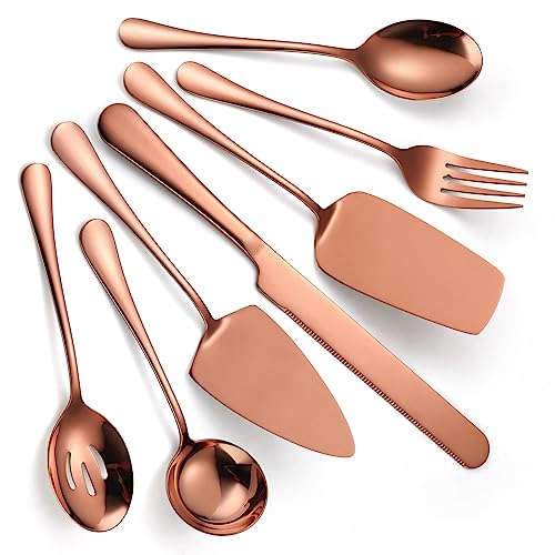 A · HOUSEWARE Copper Utensils Serving Set Rose Gold Stainless Steel Flatware Cake Knife Sever Fork Large Spoon Spatula Catering Silverware Complete 7 Pieces for Home Party Buffet A · HOUSEWARE Copper Utensils Serving Set Rose Gold Stainless Steel Flatware Cake Knife Sever Fork Large Spoon Spatula Catering Silverware Complete 7 Pieces for Home Party Buffet