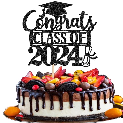 Xsstarmi 1 pacote de decoração para bolos Congrats Class of 2024 decoração para bolos com purpurina final 2024 decoração para bolos de classe de 2024, acessórios para festas, decoração de