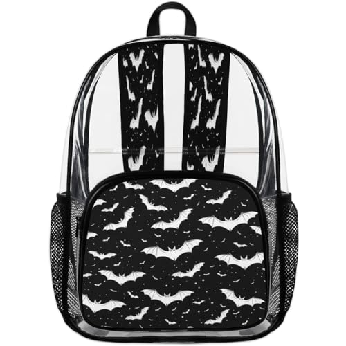 Spooky Halloween Clear Backpack for Stadium Events, Black and White Bats Waterproof Clear Bag for Women Men Adult Sport Work Daily Music Festival and Concerts4