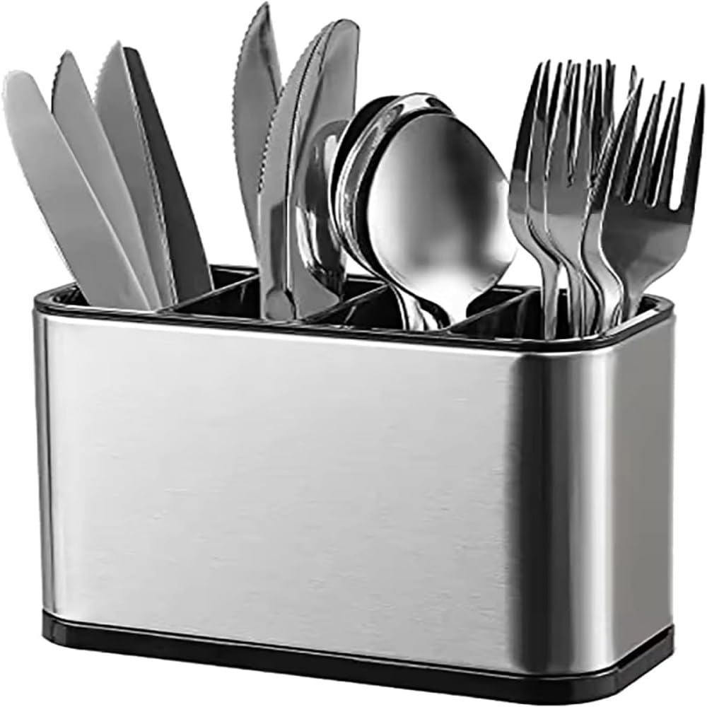 Escorredor de Talheres em Aço Inox 4 Divisórias Design Moderno Base Antiderrapante