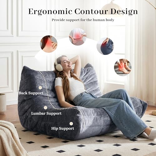 Image of Bean Bag Chair, 2 Seater Lazy Bean Bag Sofa Memory Foam Couch, Giant Bean Bag Chairs for Adults, Loveseat Fireside Chair for Living Room, Bedroom, Office(Dark Grey)