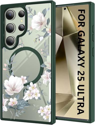 Image of VONZEE Compatible with Samsung Galaxy S25 Ultra 5G Case Luxury Retro Flowers Floral Clear for Magnetic Wireless Charging Case Shockproof Case PC+TPU Cute Glossy Shiny Cover for Girls Women, Green
