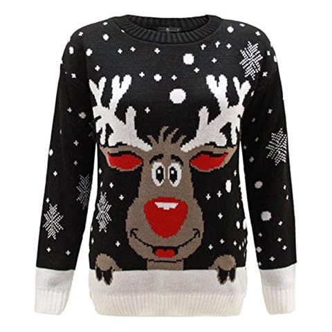 New Kids Unisex Knitted Crew Neck Long Sleeve Reindeer Rudolph Christmas Xmas Novelty Snowflakes Jumper Top[Black,7-8 Years] Cover