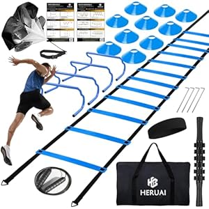 Agility Ladder Speed Training Equipment Set, 20ft Speed Ladder, 4 Hurdles, 10 Speed Cones, Running Parachute, Football Basketball Soccer Training Equipment for Kids Youth Adults – Enhance Speed