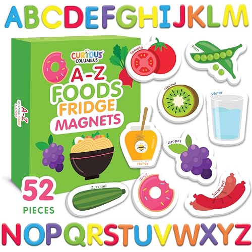 Image of Curious Columbus Learning Magnets – Set of 52 Fridge Magnets for Kids – Includes 26 Large Foam Food Pieces and 26 ABC Alphabet Letters for Learning and Play