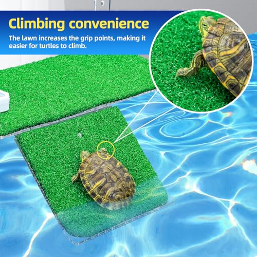 Image of Turtle Basking Platform with Artificial Grass & Adjustable Ramp Non-Slip Large Dock for Aquatic Turtles Fits 0.31 inch-2.11 inch Thick Tanks Durable Acrylic Turtle Tank Accessories 13 Inch