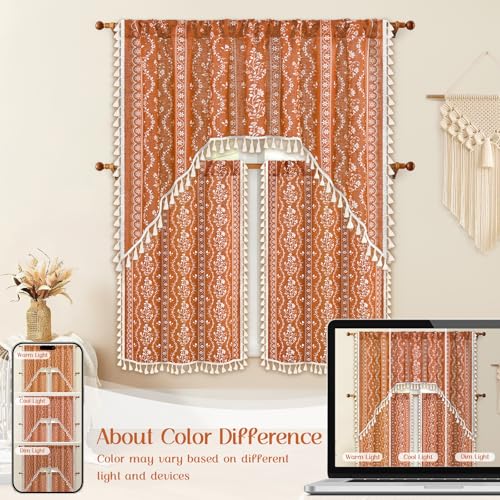 Image of Yinhua Boho Swag Valance Curtains Vintage Linen Valances for Windows Light Filtering Floral Kitchen Valance Rod Pocket Farmhouse Rustic Tassel Window Valances for Bathroom Cafe, 60 inch W x 36 inch L, Orange