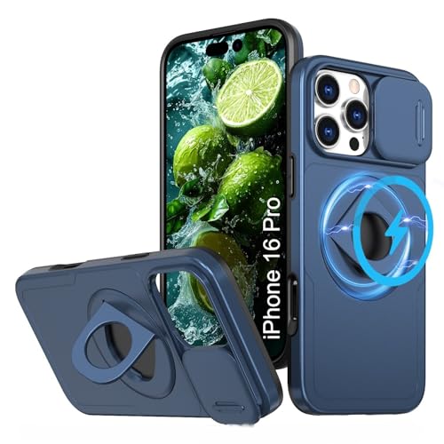 Image of LuxuryKase MagSafe Shockproof Rugged Back Case for iPhone 16 Pro | Finger Ring Kickstand & Sliding Camera Cover | Military Drop Protection | Wireless Charging Support - Blue
