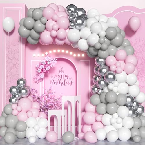 Kit Arco Palloncini Rosa Argento, 133 Pezzi 5 10 12 Pollici Ghirlande di Palloncini Rosa Pastello Grigio Bianco, Palloncini in Lattice per Ragazze Donne Compleanno Baby Shower Decor Festa di Nozze