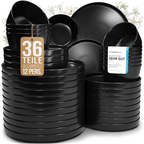 Steingut Geschirrset 12 Personen Manhattan 36 tlg. TESTSIEGER, Cooles Urbanes Steingut Geschirr Set, Schüssel- und Teller Set, Tafelservice 12 Personen, Geschirrsets Pure Living in matt Schwarz Steingut Geschirrset 12 Personen Manhattan 36 tlg. TESTSIEGER, Cooles Urbanes Steingut Geschirr Set, Schüssel- und Teller Set, Tafelservice 12 Personen, Geschirrsets Pure Living in matt Schwarz