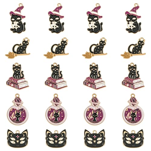 Ipotkitt 30pcs 5 Styles Magic Cat Enamel Charms Book Kitten Hat Shaped Charms Gothic Theme Charms for DIY Halloween Keychain Necklace Earring Jewelry Making