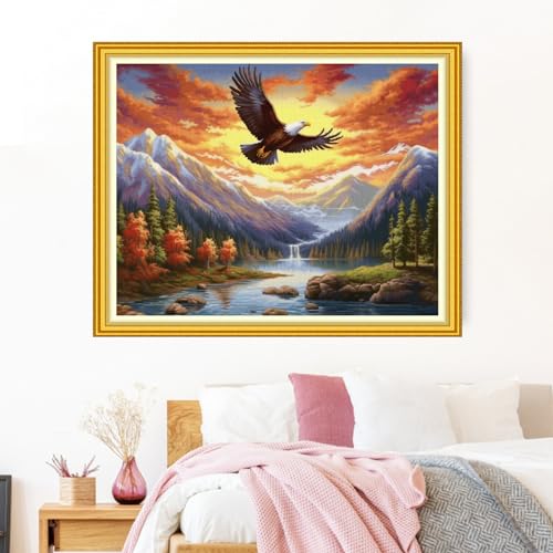 Image of Funxvoot Stamped Cross Stitch Kits Beginners Full Range of Embroidery Kits for Adults 11CT Embroidery Patterns Needlepoint Kits Printed Cross Stitch Kits-Eagle Mountain River 16x20 inch