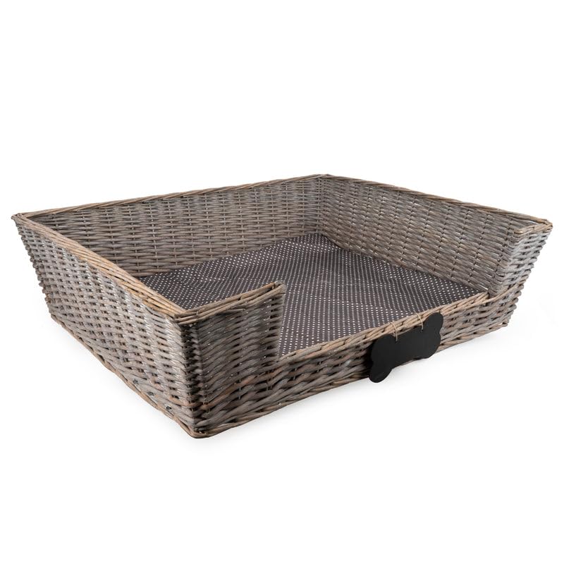 Madison & Mayfair Extra Large Dog Basket with Padded Bed with Chalk Board Personalisation - Grey Wicker for Extra Large Breeds - H25cm x W93cm x D75cm
