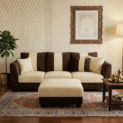 Image of Revo 4 Seater L Shape Sofa Set with Movable Ottoman | Flexible Left or Right Layout | Luxury Velvet Suede Fabric | Modern Living Room Sofa | Dark Brown-Cream