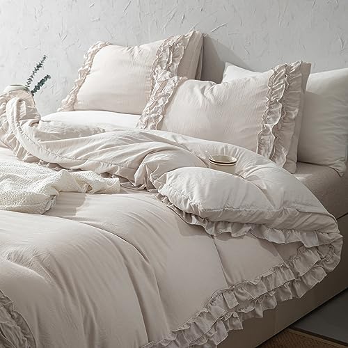 Herside Beige Grey Duvet Cover Set King Ruffle Bedding Chic 2-Layers Cute Ruffled Design Boho Farmhouse Bedding Sets 1 Duvet Cover 2 Pillowcases (Beige - Image 3