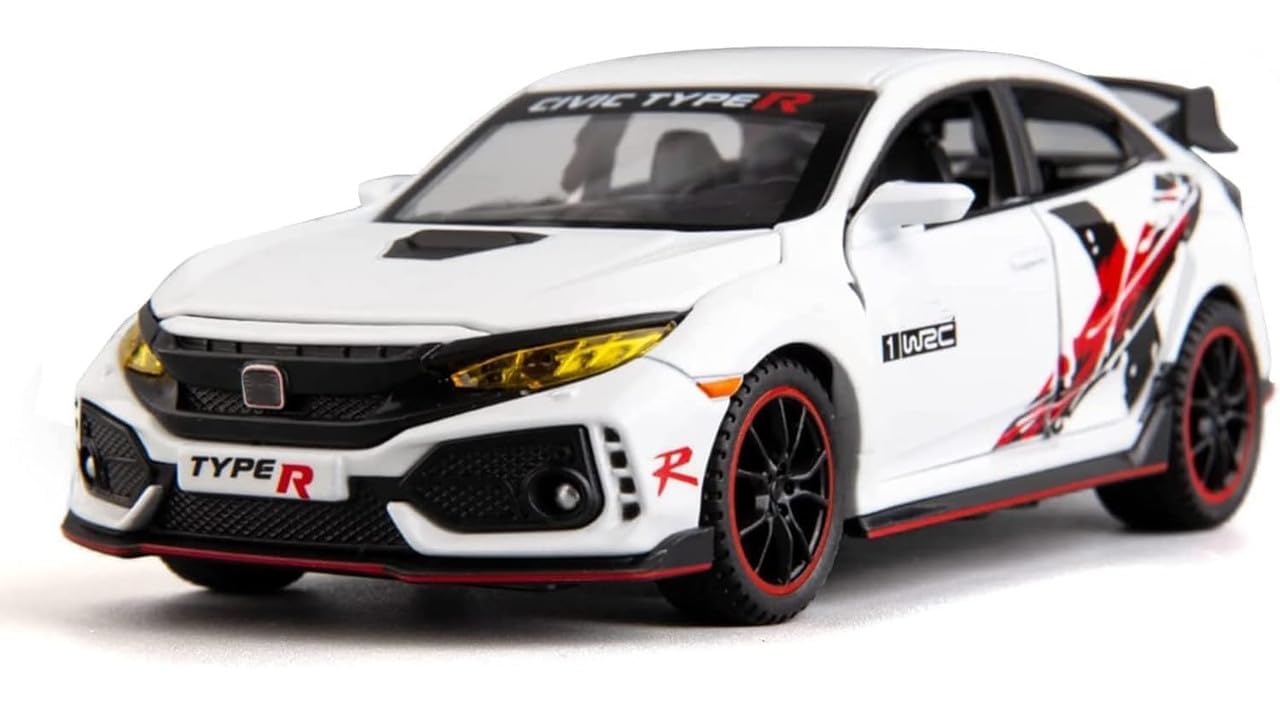 Alloy Metal Pull Back Die-cast Car 1:32 Hon-da Civic Type R Diecast Metal Pullback Toy car with 6 Openable Doors & Light, Music Boys Gifts Toys for Kids (White)-image-14