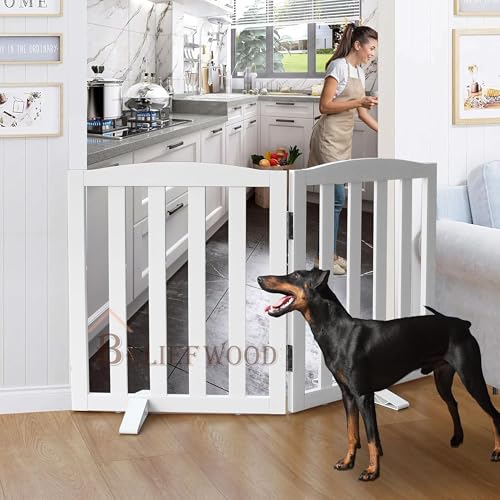 Image of Freestanding Pet Gate, Folding Safety Fence Wooden Kids & Dog Gate with 2PCS Support Feet Ideal for Stairs, Doorways, Halls, Kitchens, Indoors Gates, 24 inch(60 Cm), White (2 Panel)