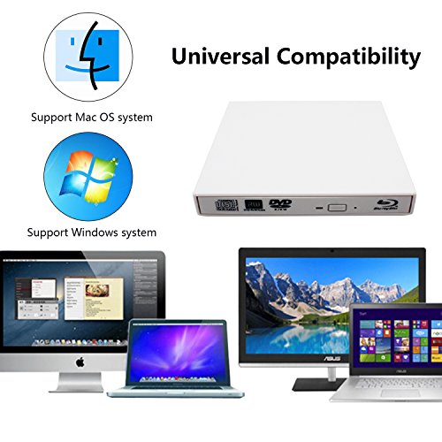 External Blu-ray DVD CD Drive USB 2.0 3D Blu-Ray Player Portable CD/DVD-ROM Burner BD-ROM for PC Compute Desktop Notebookr (White) - Thumbnail 2