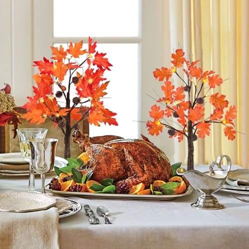 Fall Decorations for Home, 2 Pack 24IN Lighted Maple Tree Acorn Leaves Tree with Warm White LEDs, 2FT Brown Battery Powered Timer Autumn Table Trees Decor for Thanksgiving, Tabletop, Indoor - Image 4