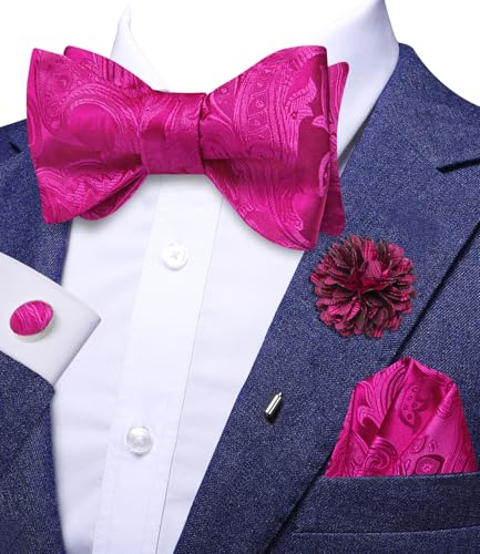 Image of Dubulle Self Tie Bow Ties and Lapel Pin for Men Paisley Solid Mens Bowtie and Handkerchief Cufflinks Set Wedding