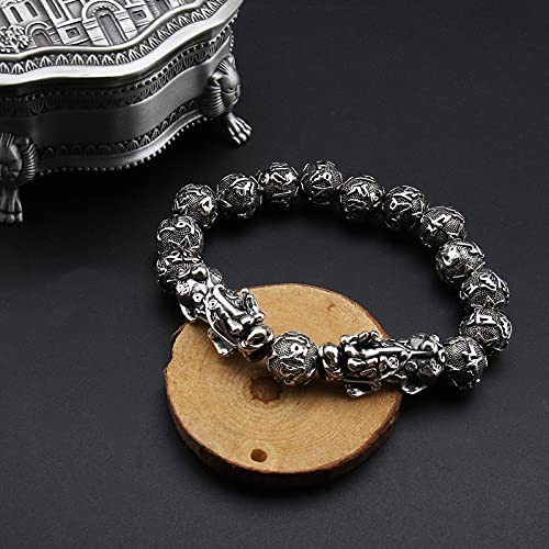 Pulsera Feng Shui Pixiu doble plateada para hombre miniatura 7